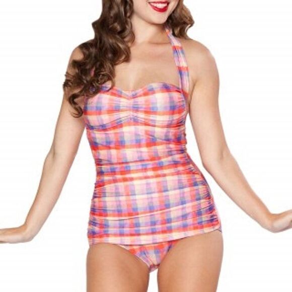 Girlhowdy Women’s Retro Pinup Inspired Multicolor Gingham Plaid One Piece Swimsu - Picture 14 of 15